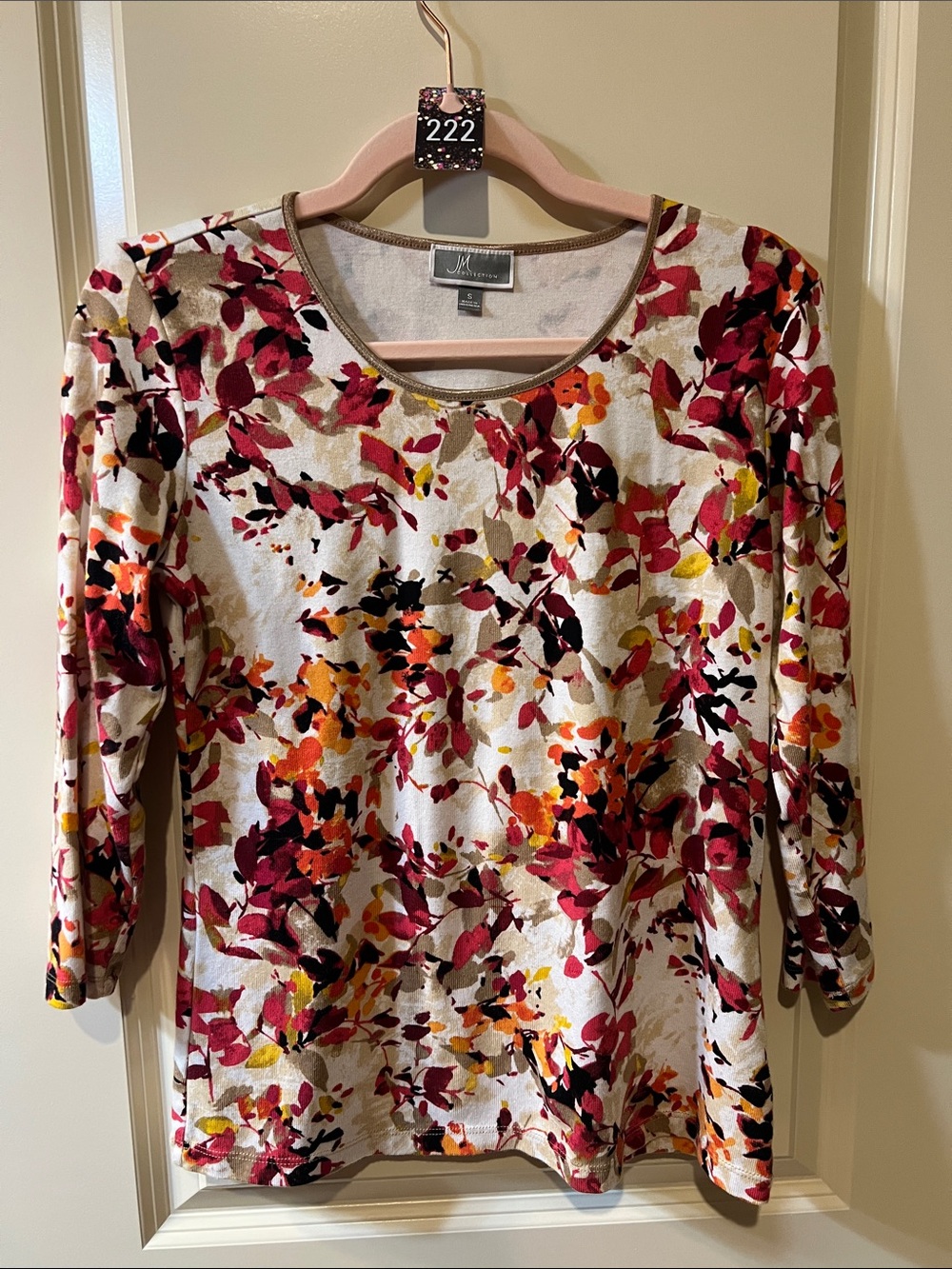 JM Collection Floral Long-Sleeve Crewneck Top in Cream, Red and Pink H222